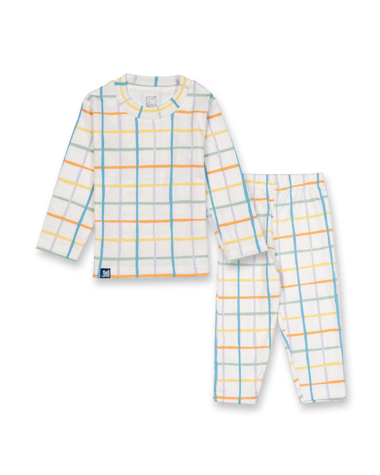 Kids White Checkered Printed Full Sleeve PJ Organic Set