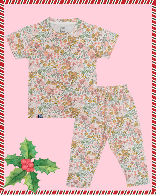 Kids White Flower Printed PJ Organic Set