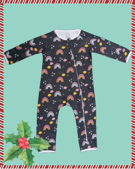 Baby Black Rainbow Love Printed Zippie Romper