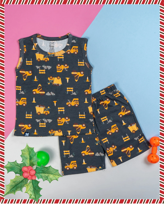 Kids Dark Blue Dino Builder Printed Lounge Wear