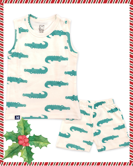 Kids White Green Dino Printed Lounge Wear