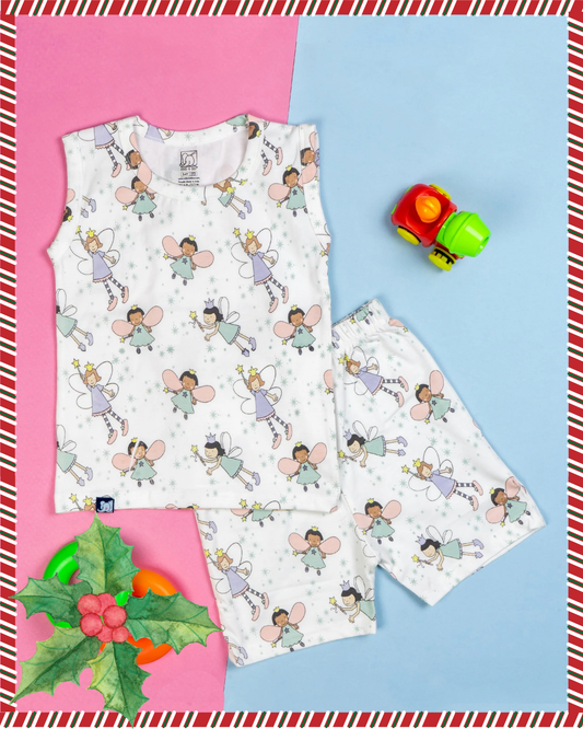 Kids White Fairy Printed Lounge Wear