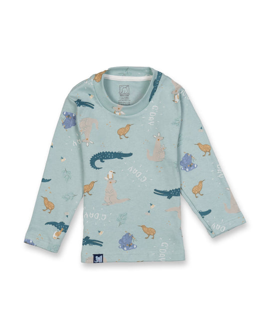 Kids Light Blue Wild Animals Printed Full Sleeve PJ Organic Set