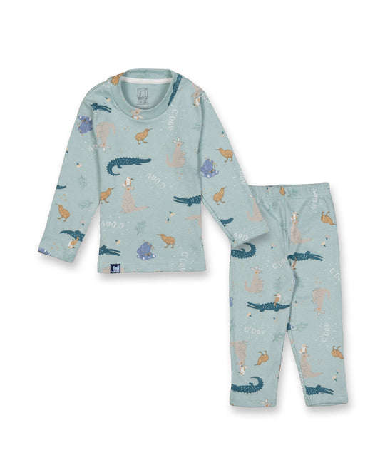 Kids Light Blue Wild Animals Printed Full Sleeve PJ Organic Set