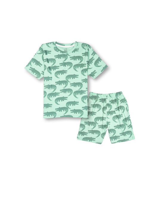 Seniors Boys Light Green Cute Crocodile Co-ord Set