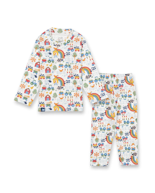 Kids White Farm Animals Printed Full Sleeve PJ Organic Set