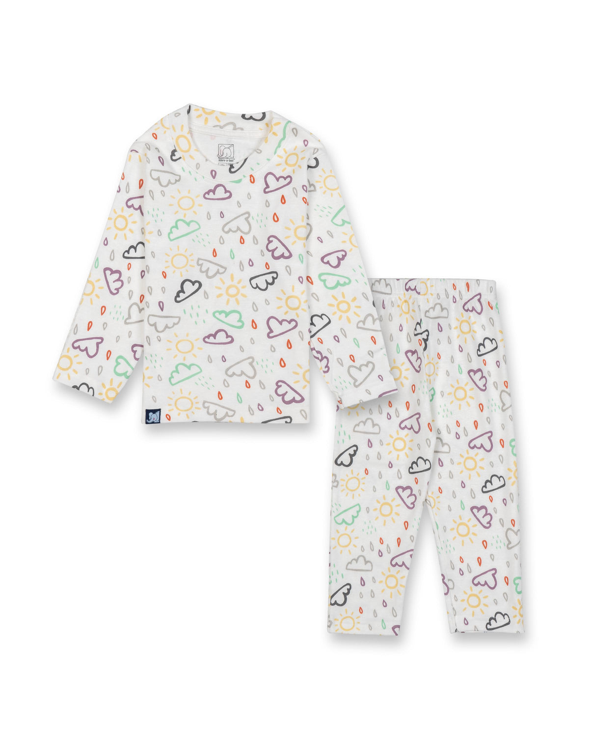 Kids White Sunshine Printed Full Sleeve PJ Organic Set