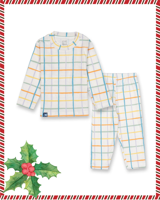 Kids White Checkered Printed Full Sleeve PJ Organic Set