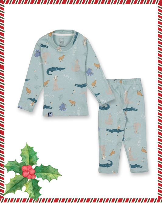 Kids Light Blue Wild Animals Printed Full Sleeve PJ Organic Set