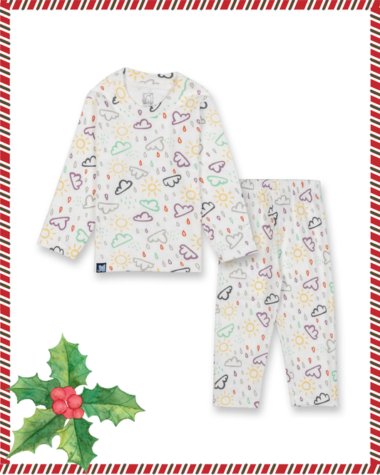 Kids White Sunshine Printed Full Sleeve PJ Organic Set