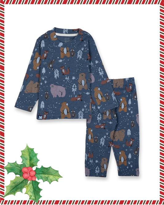 Kids Blue Wild Animals Printed Full Sleeve PJ Organic Set