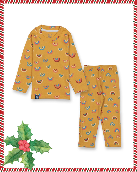 Kids Yellow Rainbow Printed Full Sleeve PJ Organic Set