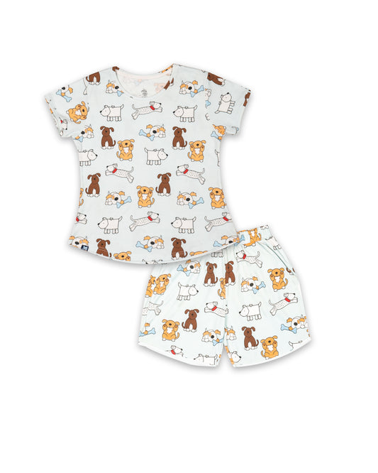 Seniors Girls Gray Playful Dogs Co-ord Set