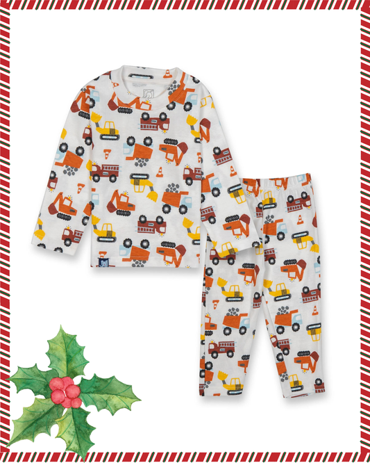 Kids White Trucks Printed Full Sleeve PJ Organic Set