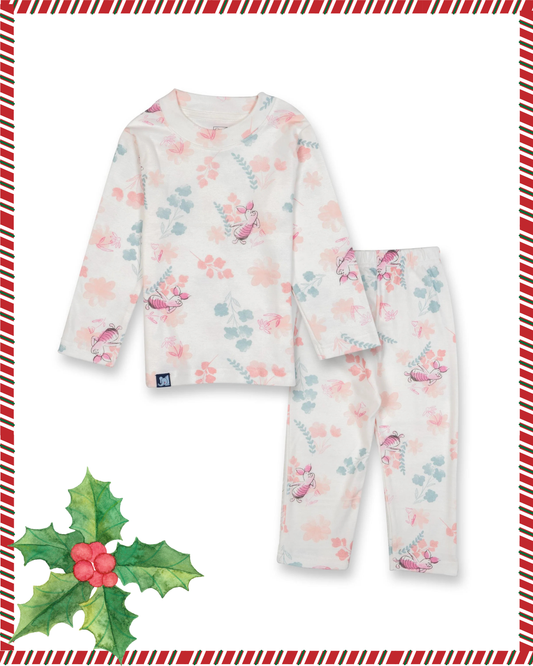 Kids White Flowers Printed Full Sleeve PJ Organic Set