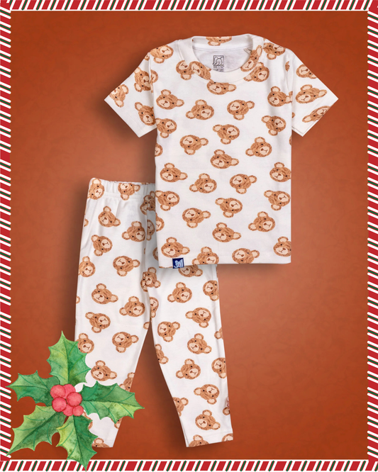 Kids White Cute Bear Printed PJ Organic Set