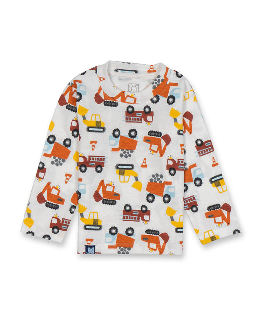 Kids White Trucks Printed Full Sleeve PJ Organic Set