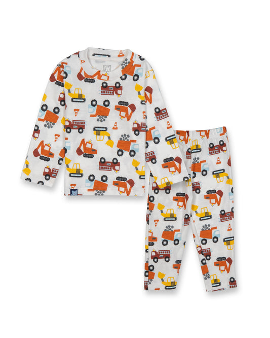 Kids White Trucks Printed Full Sleeve PJ Organic Set