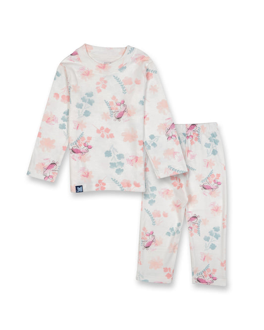 Kids White Flowers Printed Full Sleeve PJ Organic Set