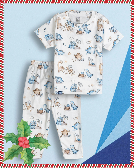 Kids Cloud Blue Dino Printed PJ Organic Set