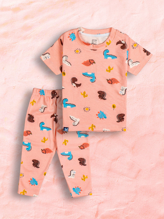 Kids Apricot Cute Dino Printed PJ Organic Set