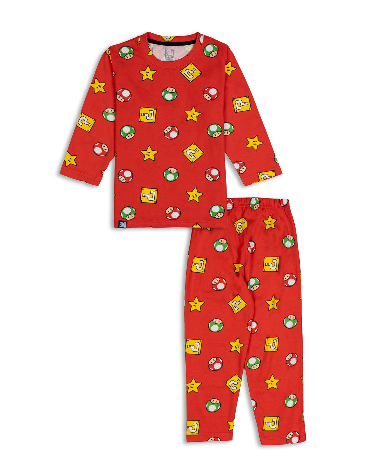 Kids Red Mario Theme Printed Full Sleeve PJ Organic Set