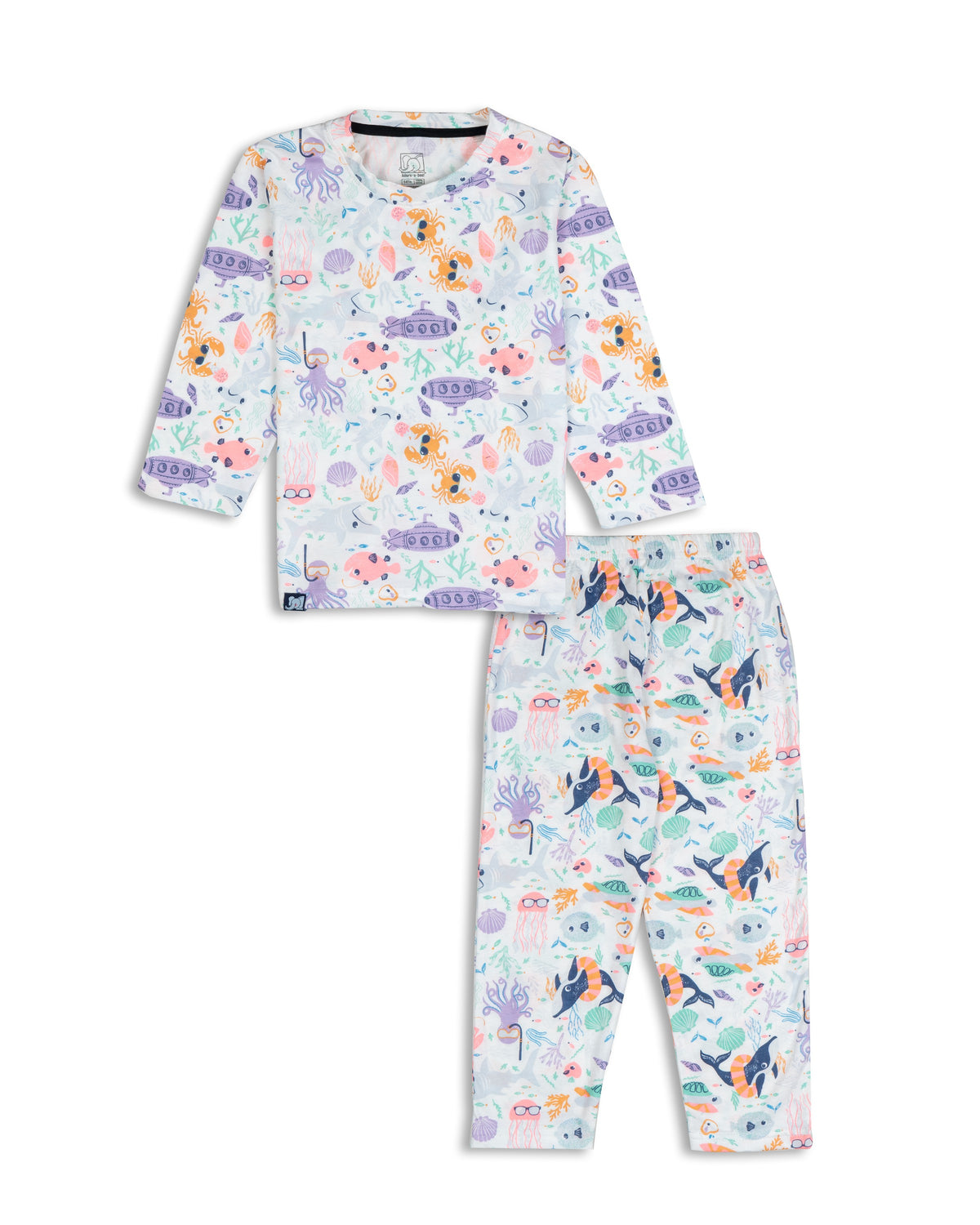 Kids White Sea World Printed Full Sleeve PJ Organic Set